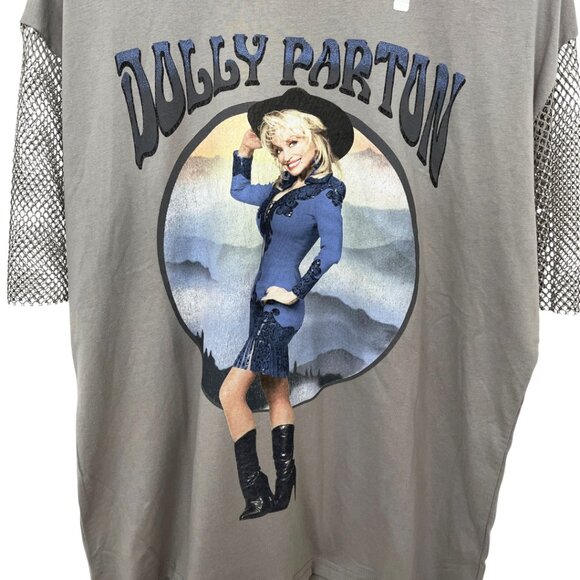 NWOT Dolly Parton Sparkle Mesh Sleeve Graphic T-Shirt XS - Picture 3 of 9